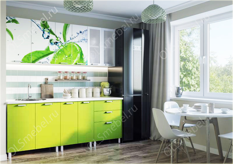 Кухня эконом с фотопечатью, дешево - салатовый, зеленый цвет.
